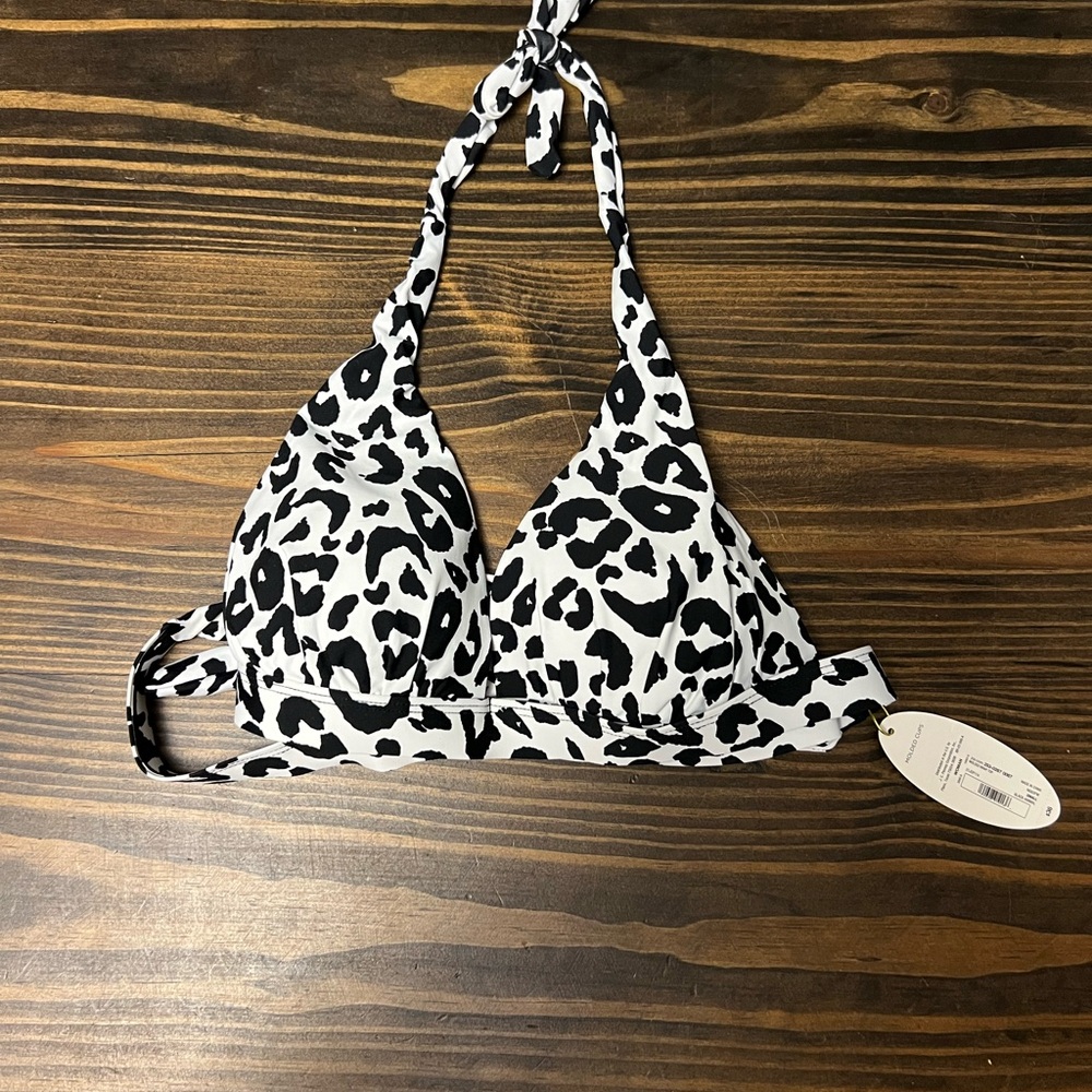 Black & White Leopard Halter Bikini Top - Women Swim